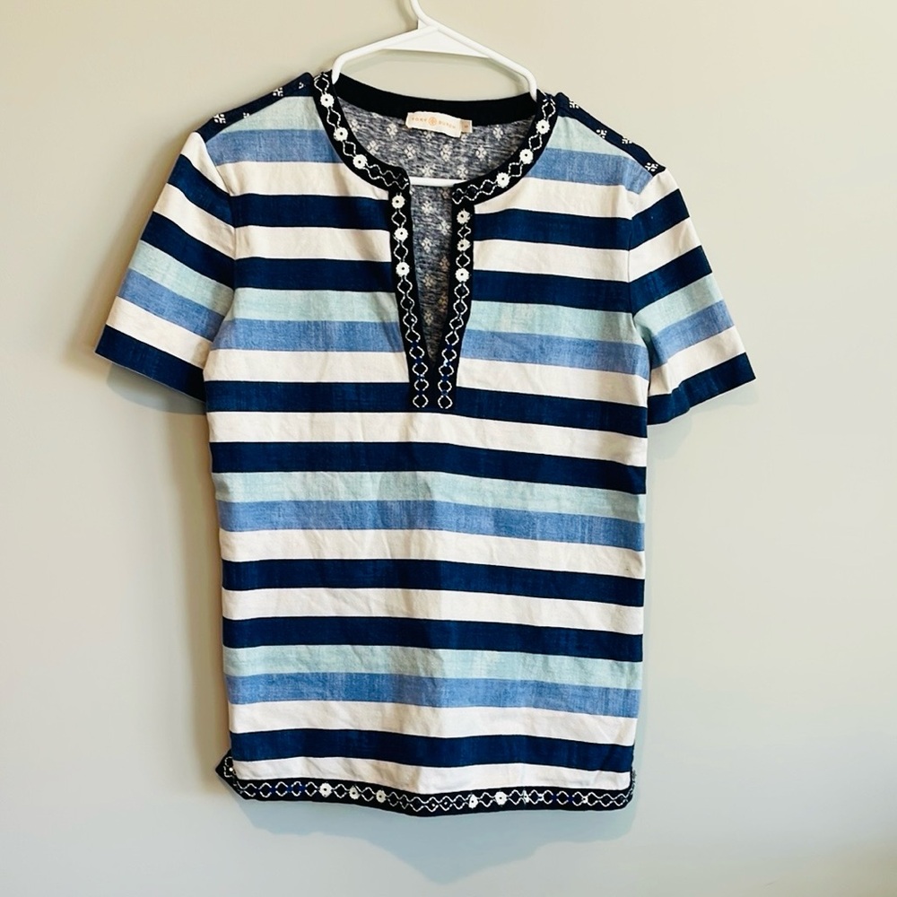 Tory Burch Striped Embroidered Linen Top - Picture 2 of 11
